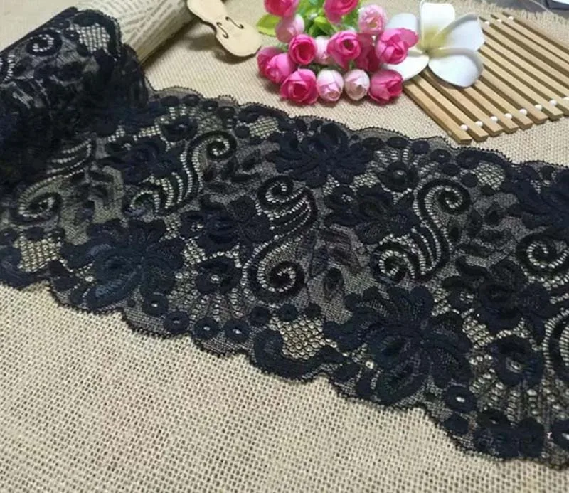 

10 метров Черная кружевная отделка цветы эластичный Vestidos De Festa Одежда Аксессуары для шитья аппликационный костюм, состоящий из выпуклых кружевных элементов 18,5 см