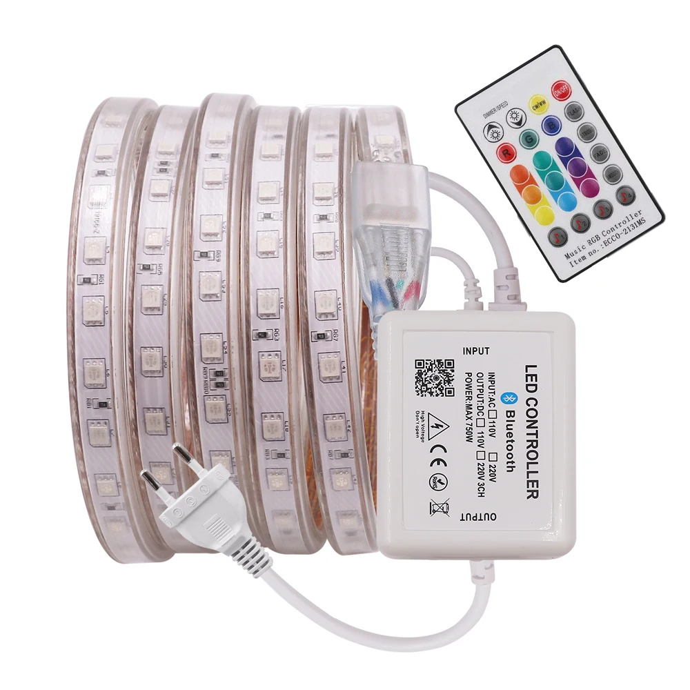 100mMusic RGB LED Strip Light 220V AC Remote Control 5050 SMD 60LEDs/m Waterproof IP67 Flexible Tape Outdoor Home Decoration | Лампы и