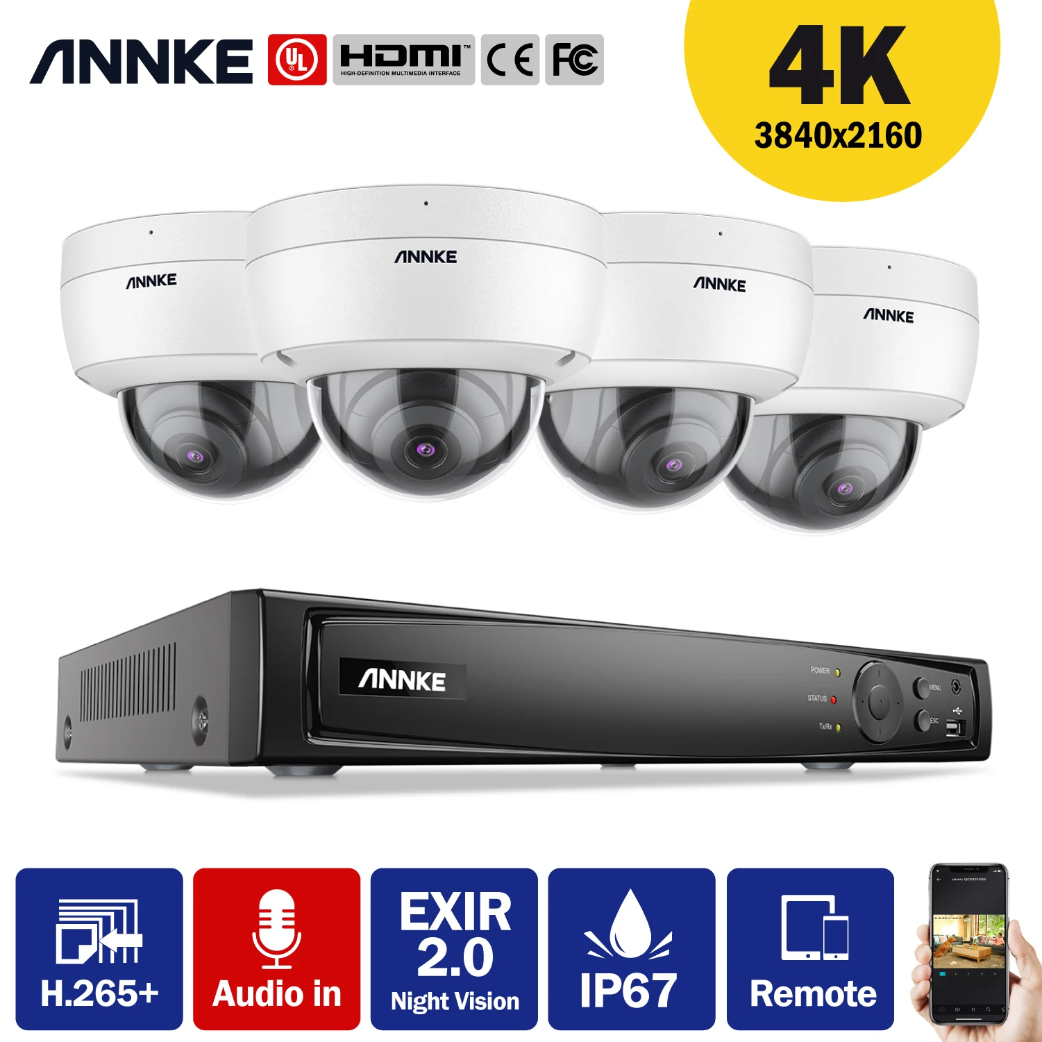 ANNKE 8CH 8MP FHD POE сети видеонаблюдения Системы NVR с 4X 8MP IP Купольные Камеры видеонаблюдения Аудио Запись TF карты Поддержка - изображение