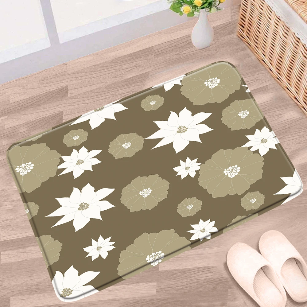 

Floral Bath Mat White Color Geometric Flower Plant Pattern Non-slip Rug Flannel Home Decor Bathroom Door Kitchen Entrance Carpet