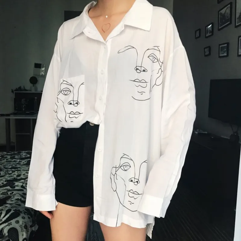 

Face Print Blouse Shirt Female Cotton Solid Cartoon Botton Shirts White Black Color Women Tops Ladies Clothing