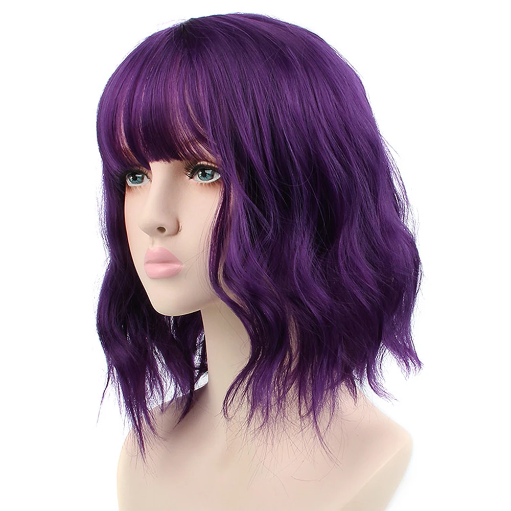 Pageup Short Natural Wave Synthetic Wig For Black Women Purple Wigs with Bangs Heat Resistant Fiber Hair Wigs