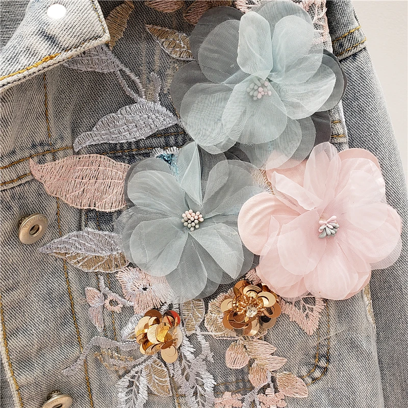 

Spring Autumn Embroidery Flower Short Denim Jacket Women Casual Outwear Vintage Washed Blue Long Sleeve Jeans Jacket Coat Female