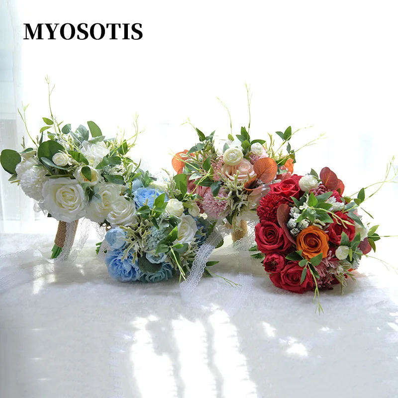 

White Red Pink Blue Wedding Bouquet Handmade Artificial Flower Rose Buque casamento Bridal Bouquet for Wedding mariag