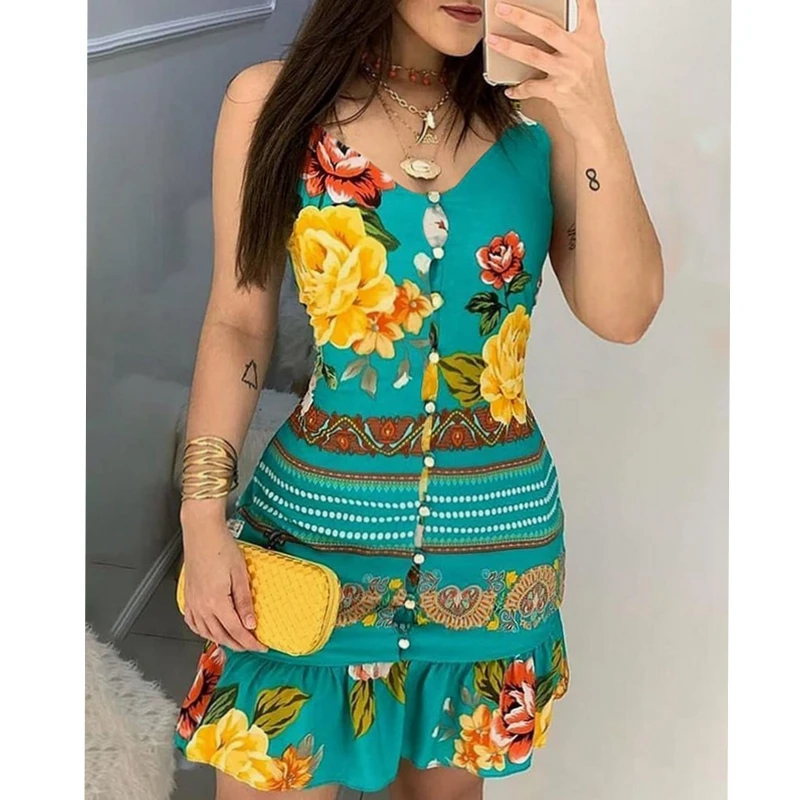 

2021 New Summer Holiday Fashion Plus Large Size Women Casual Dress Beach Wear Sexy Boho Floral Print Maxi Long Bohemian Dress