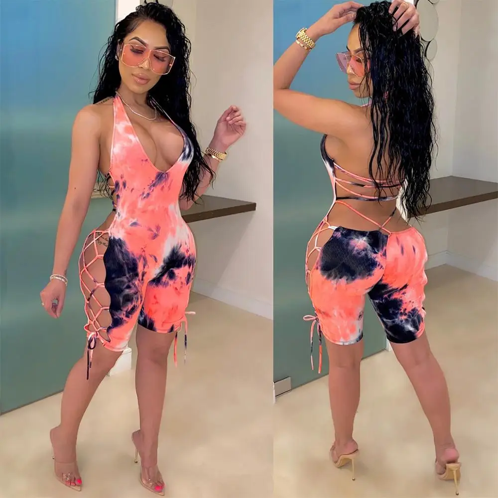 

Sexy body suits for women Cross bandage backless Short rompers womens jumpsuit Camouflage Tie Dye Romper Summer Clothes