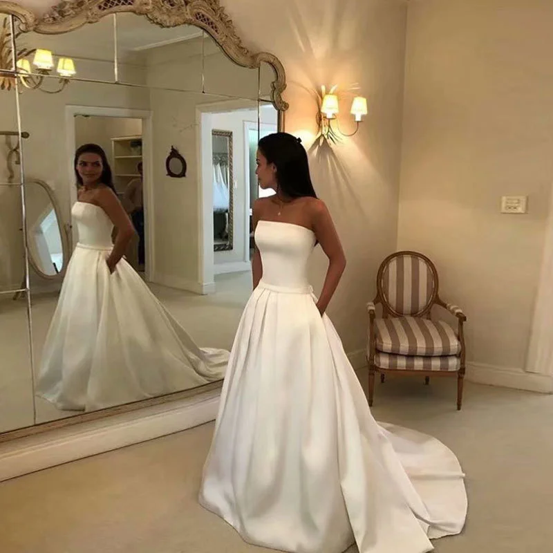 

Princess Wedding Dress Bride Sexy Bra Simple Satin White Belt Wedding Dress