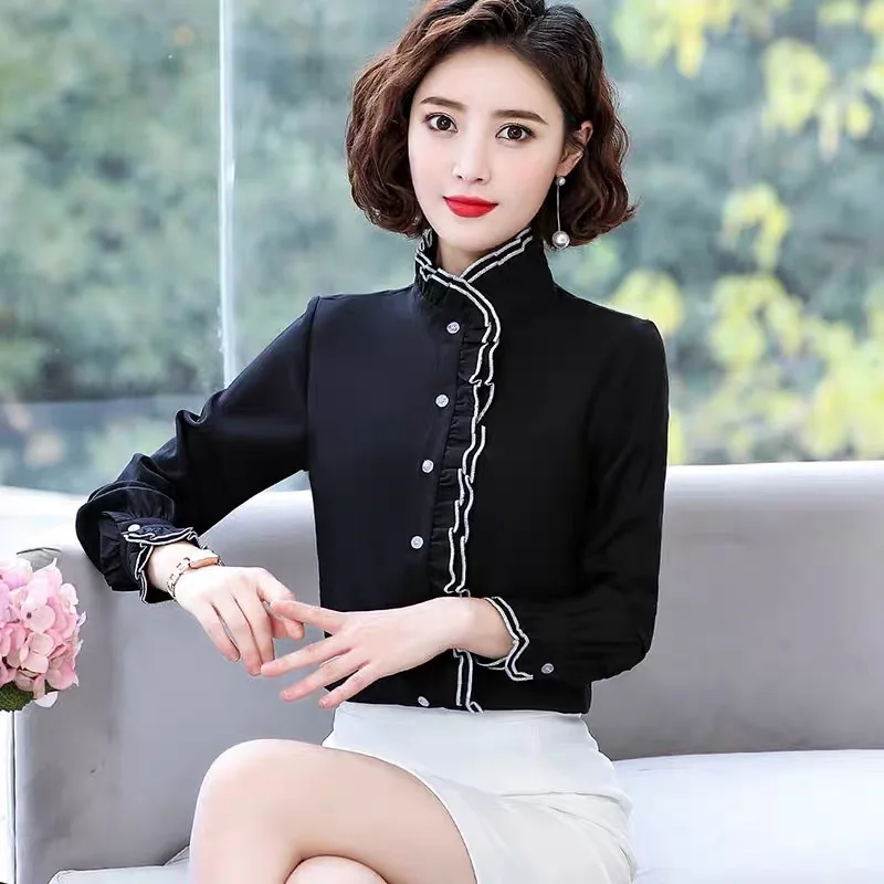 

Women Chiffon Long Sleeve Chiffon Blouse 2020 Spring Autumn Plus Size 4XL Pleated Blouse