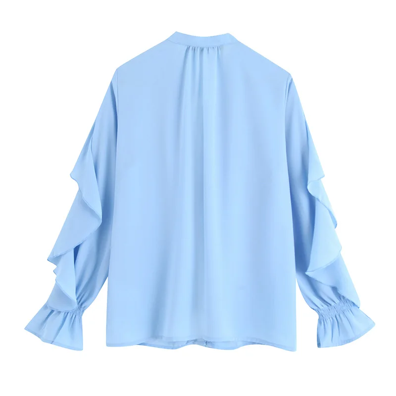 Женская шифоновая блузка с оборками V образным вырезом и длинным рукавом|Рубашки|