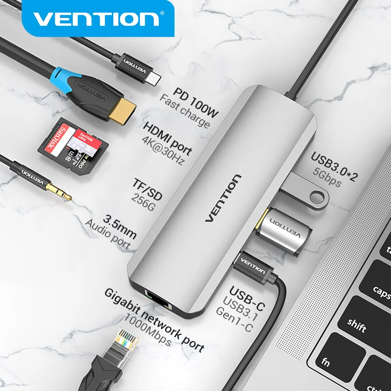 

Vention USB C Hub USB Type C 3.1 to 4K HDMI RJ45 PD USB 3.0 OTG Adapter Dock for MacBook Air Pro 2020 Huawei Mate 30 PC USB HUB