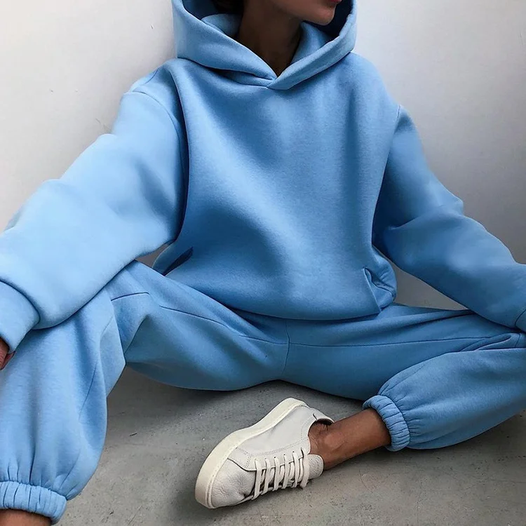 

Women Casual Suit Long Sleeve Hooded Neck Loose Hoodies Tops Elastic Waist Warm Sports Trousers 2pc Set Office Lady New Arrivals
