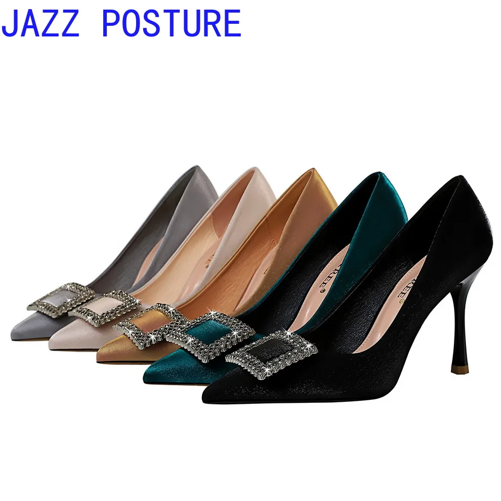

Luxury brand high heels women's shoes wine glass heels sexy banquet with square buckle and rhinestones women's high heels q565