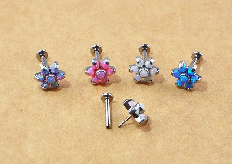 ASTM F136 титановый опал 16 г 18 г цветок опал Threadness push in Labret пирсинг губ Tragus Daith серьги спираль серьги, Надеваемые На ушной хрящ