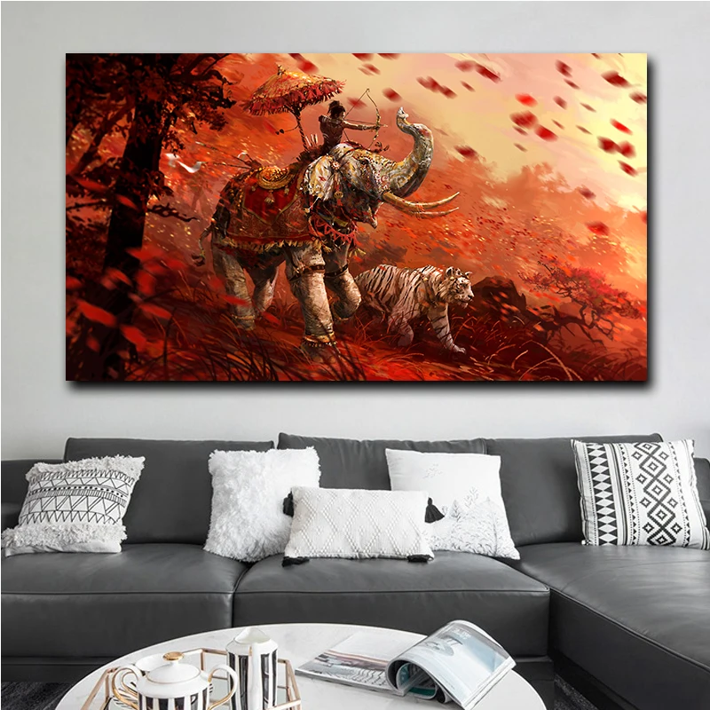 Охотник Слон Тигр плакаты и принты стены искусства холст картина стадо картинки