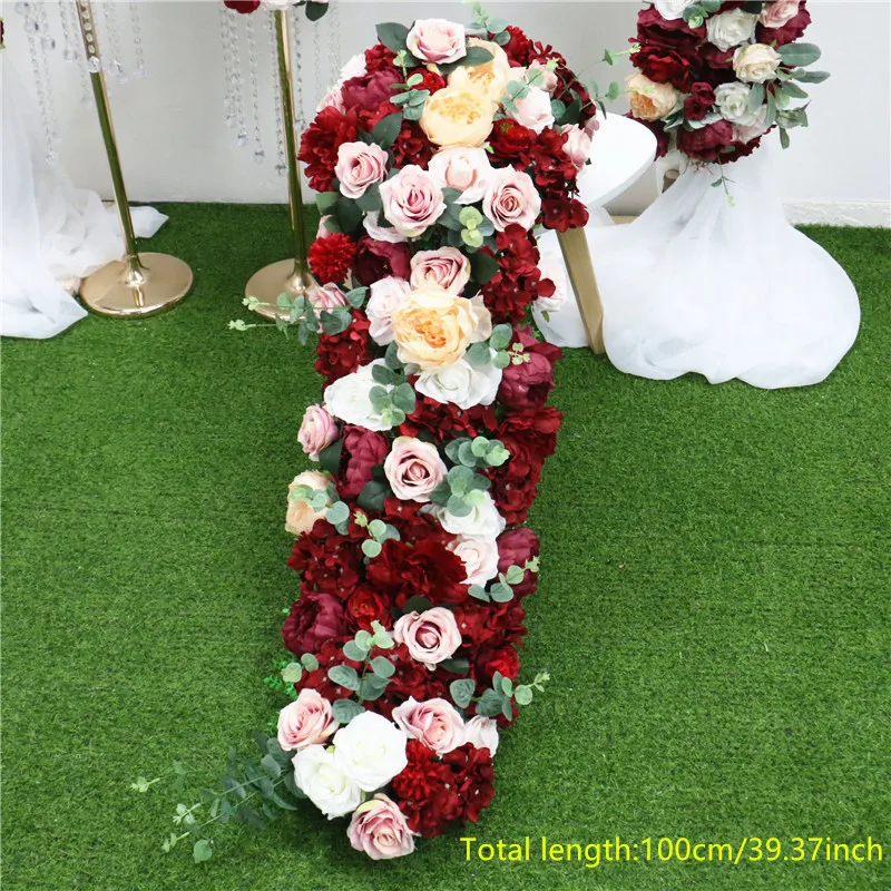 red 100cm Подгонянный DIY свадебный фон Декор Искусственный цветок настенный стол бегун цветочный реквизит для фотографий отель Шелковый ряд цветов Арка красный - Цвет: red 100cm