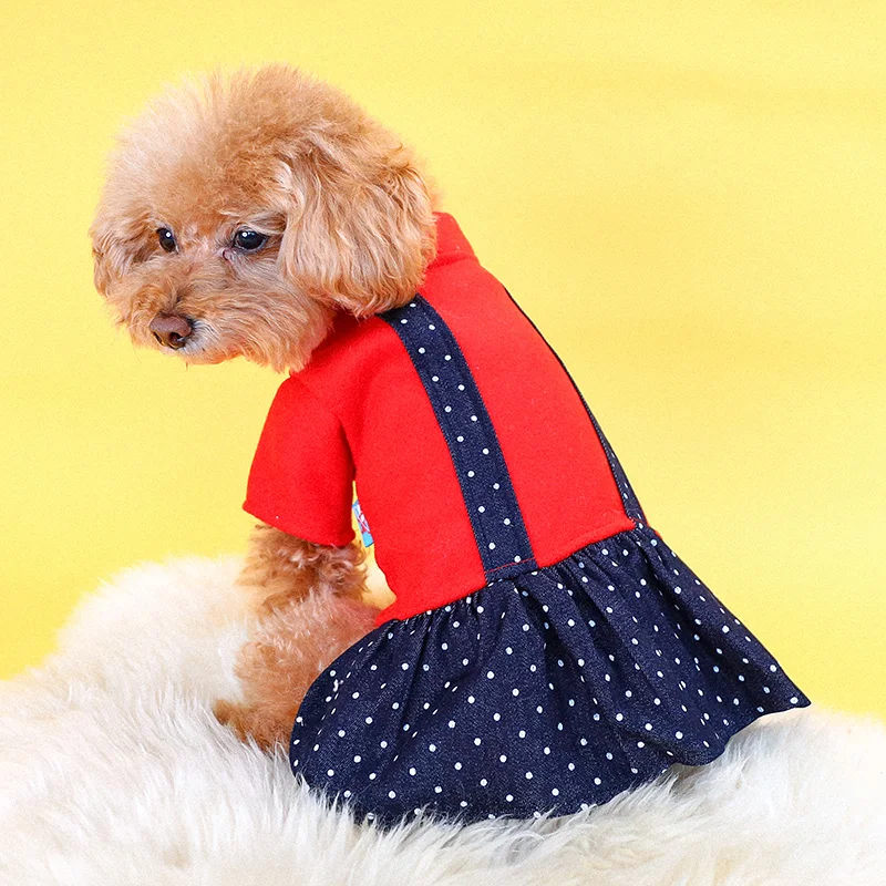PETCIRCLE/Новинка Одежда для щенков Джинсовое платье в красный горошек питомцев