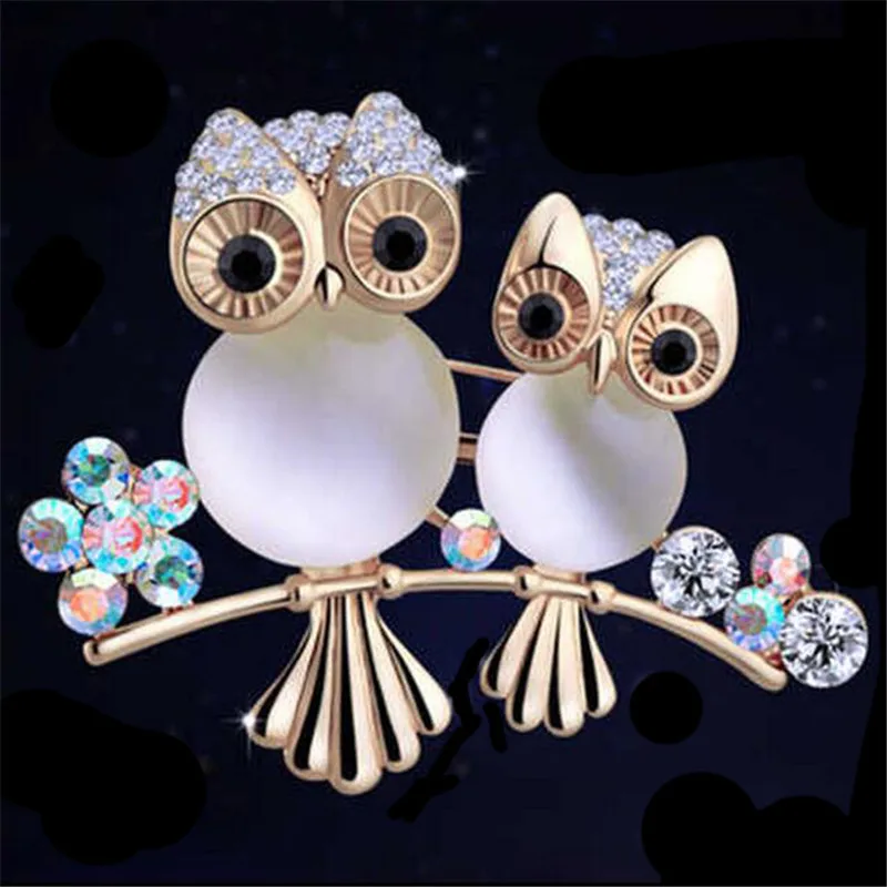 

Luxury Female Owl Flower Brooch Charm Gold Color Jewelry Brooch For Women Cute White Moonstone Zircon Pin Dress Coat Accessory