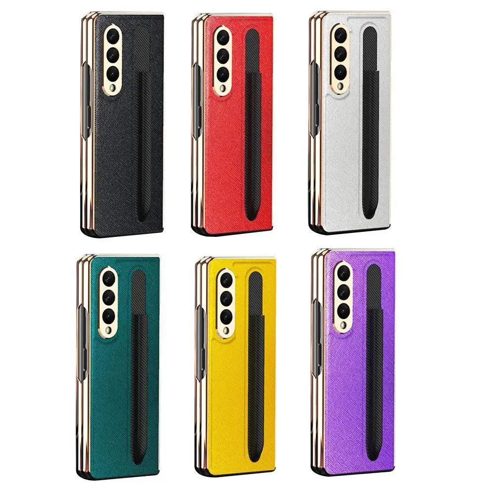

With Front Glass Pen Holder Slot Case For Samsung Galaxy Z Fold 3 5G Case Ultra Thin Cross Pattern Leather Phone Cover