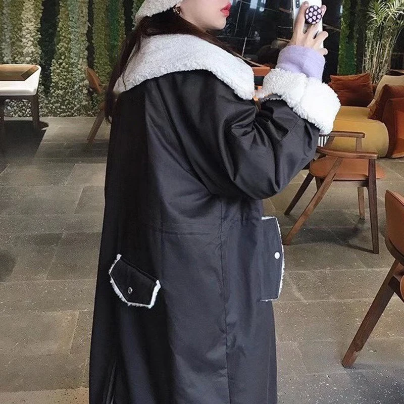 

GALCAUR Vintage Parkas For Women Lapel Patchwork Lambswool Collar Long Sleeve Loose Oversized Thick High Street Coat Female 2020