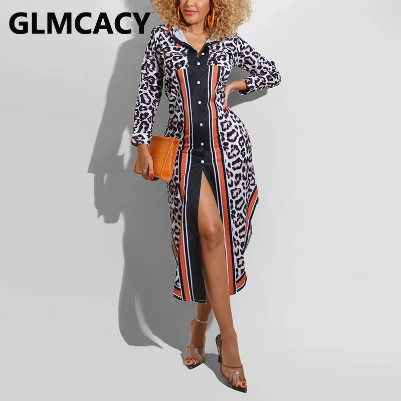 

Women Long Sleeve Button Down Shirt Dress Elegant Leopard Midi Dresses