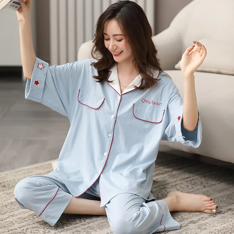 Winter 100% Cotton Pajama for Women Three Quarter Sleeves Blue Pijamas Girls Cotton Sleepwear Korean Cute Pyjama Femme Homewear