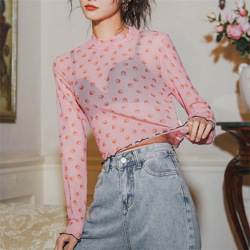 

Summer See Through Tops Women Pink Strawberry Print Long Sleeved T Shirts Female Mesh Sunscreen Thin Basic Tees