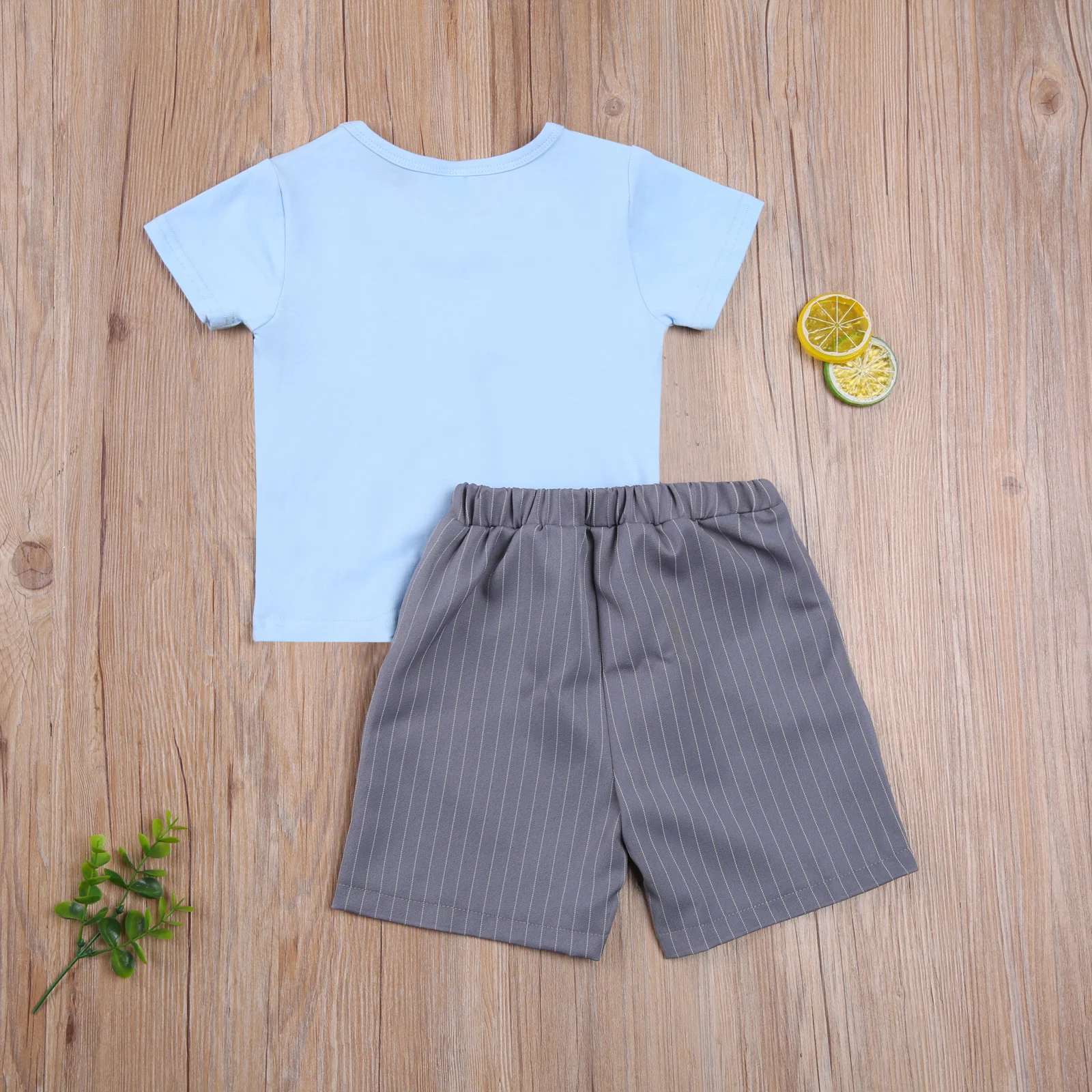 

Baby Boys Striped Clothes Set, Short Sleeve O-neck T-shirt with Buttons + Elastic Waist Shorts for Summer