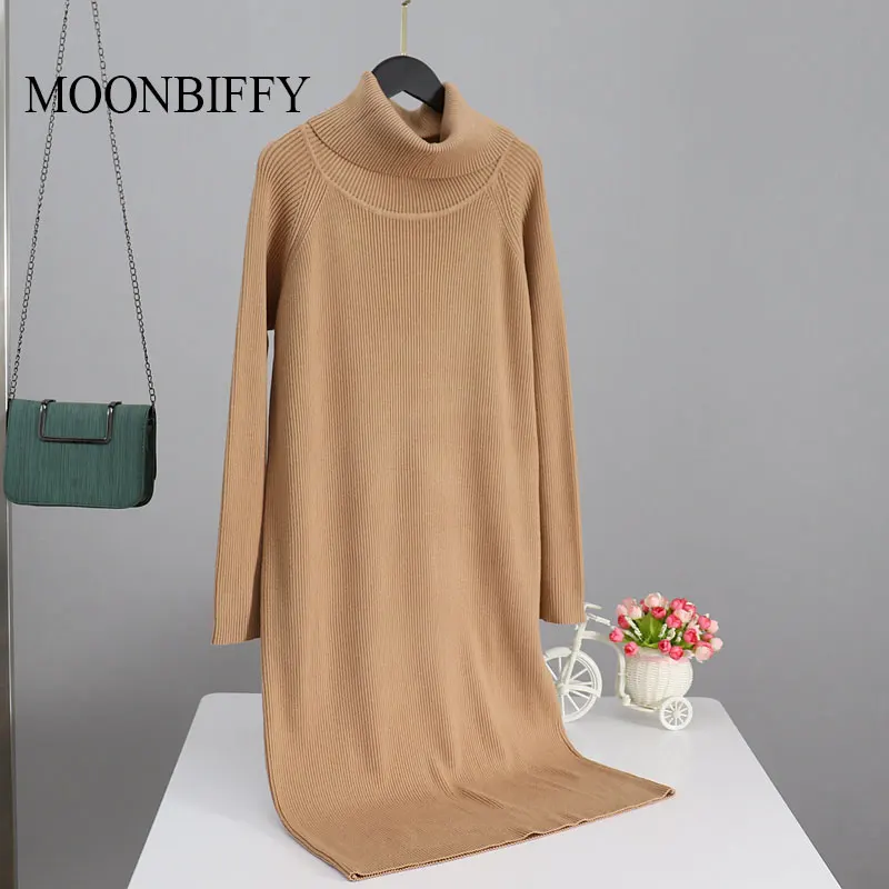 

Turtleneck Cowlneck Women Long Knit Straight Dress Autumn Winter Thick Warm Midi Dress Ribbed Knitted Christmas Dresses