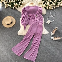 elegant women purple pant suits 2021spring autumn solid puff sleeve top pleated chiffon wide leg pants 2 piece set female outfit