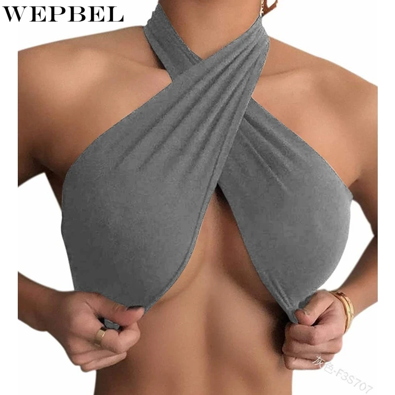 

Женский облегающий Топ без бретелек WEPBEL, однотонный летний модный топ с лямкой на шее и открытой спиной, Топ без бретелек с вырезами