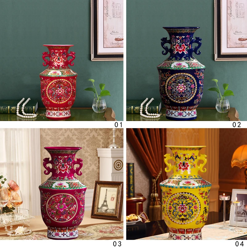 

Jingdezhen porcelain vase enamel color yellow double ears vase modern living room home decoration gift