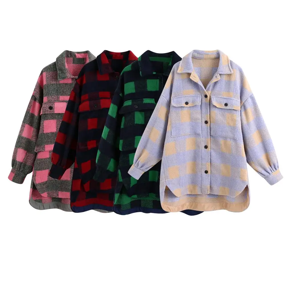 

2020 autumn and winter new women blended loose plaid all-match casual mid-length shirt