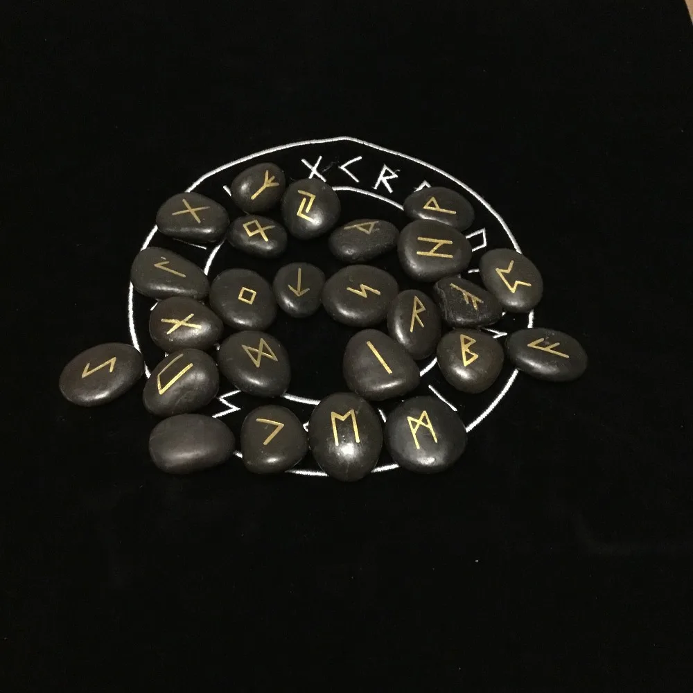 25 шт./компл. гравировкой Riverstones Руна викингов камни комплект ювелирных изделий резные чёрного цвета Настольная игра Гадания и предсказания астрологии алтарь амулет знак