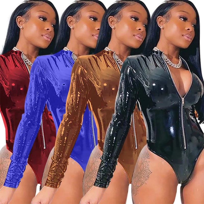 

Sexy Pu Leather Bodycon Bodysuit Women Long Sleeve Fall Clothes Fashion Streetwear Overalls One Piece Night Club Outfits