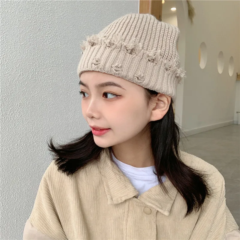 Рваные вязаная шапка Осенняя женская обувь зимняя куртка в Корейском стиле Стиль