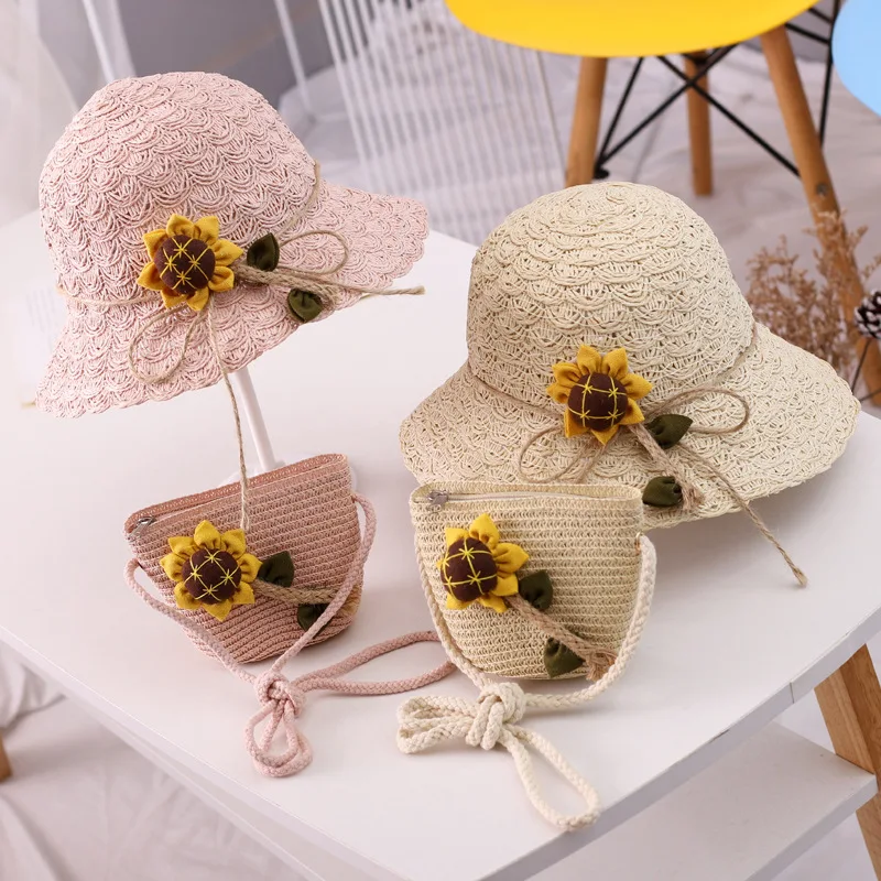 

REYI003 Summer kids princess turnsole Sunflower straw hat + shoulder bags set Children girl large brim floppy sun hat panama