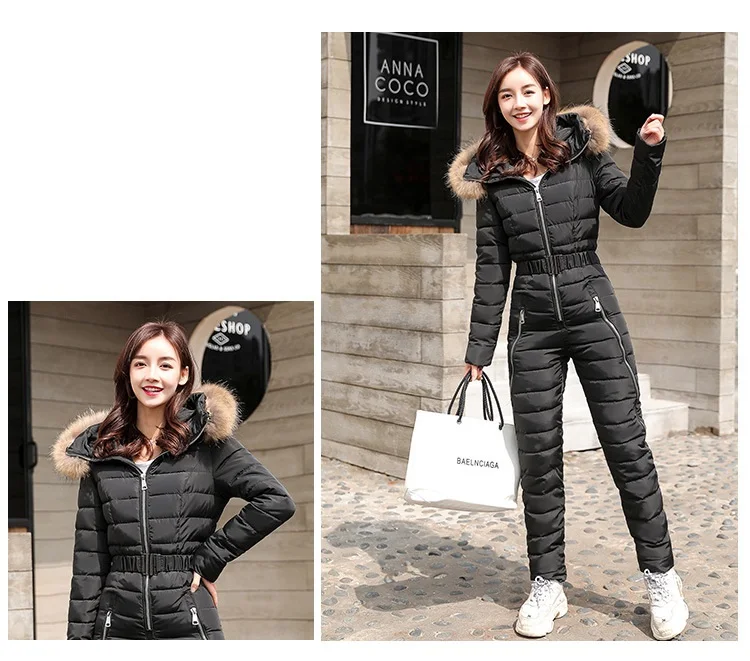 Winter new down cotton pad women fashion women two-piece cotton Raccoon Fur collar hooded thick warm jumpsuit women G1156