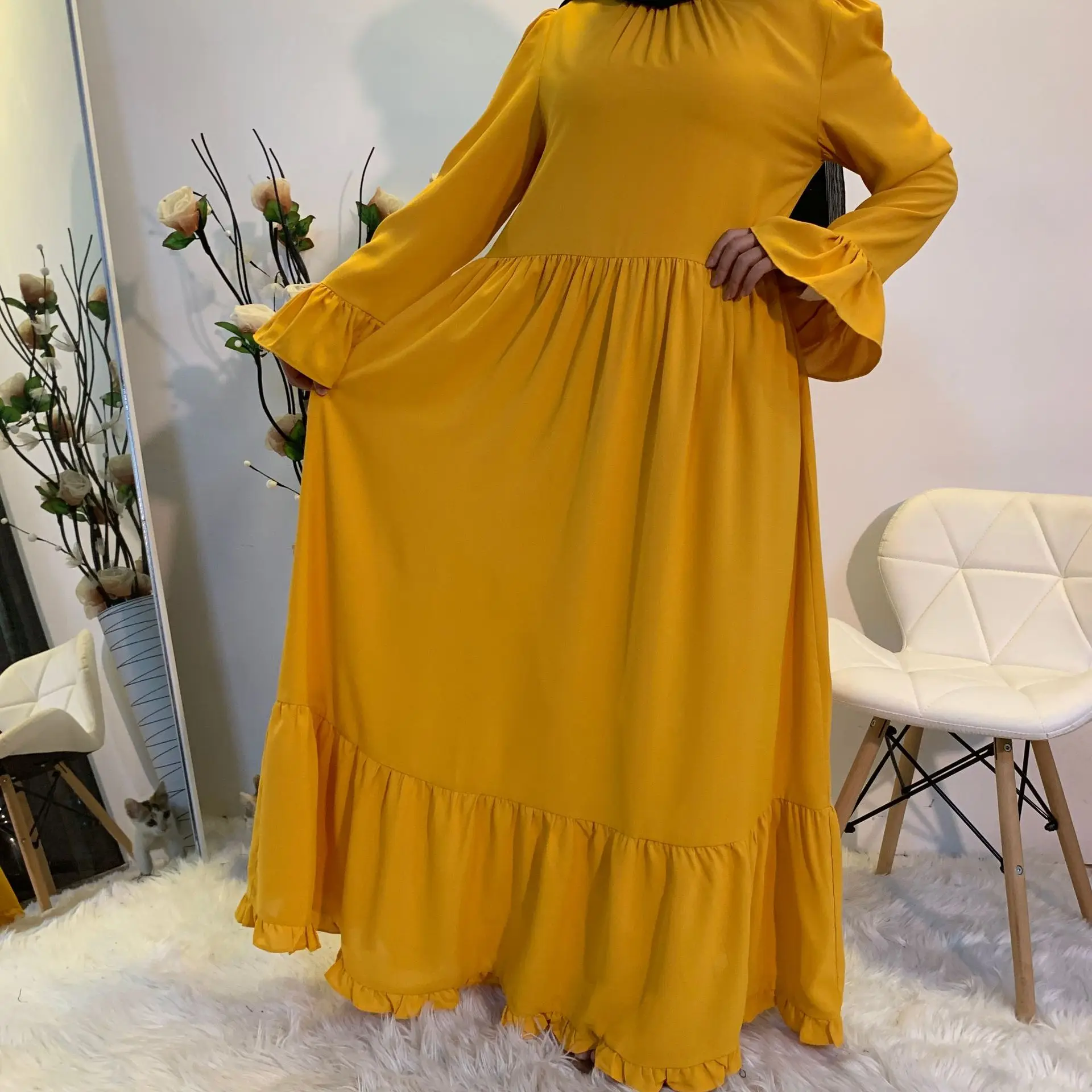 

Muslim Kaftan Abaya Dress Women Ramadan Islamic Flare Sleeve Ruffle Djellaba Jubah Robe Outwear Caftan Dubai Arab Long Robe