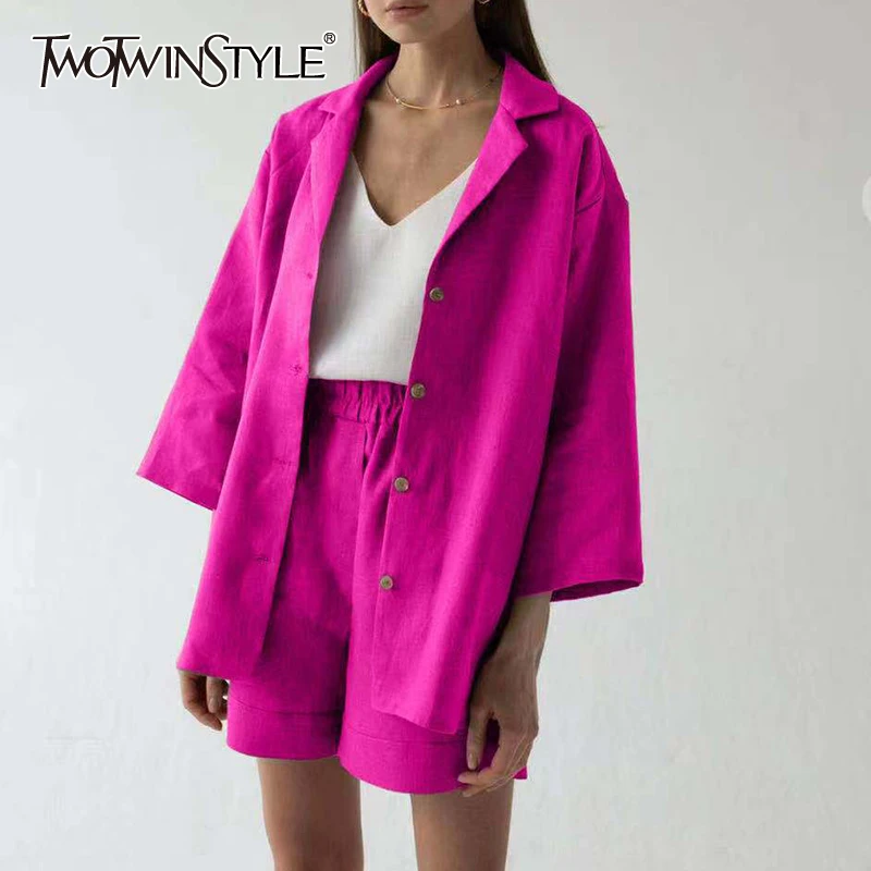 TWOTWINSTYLE Colorful Casual Sets For Female Lapel Collar Long Sleeve Coat With High Waist Slimming Shorts Women's Set 2022