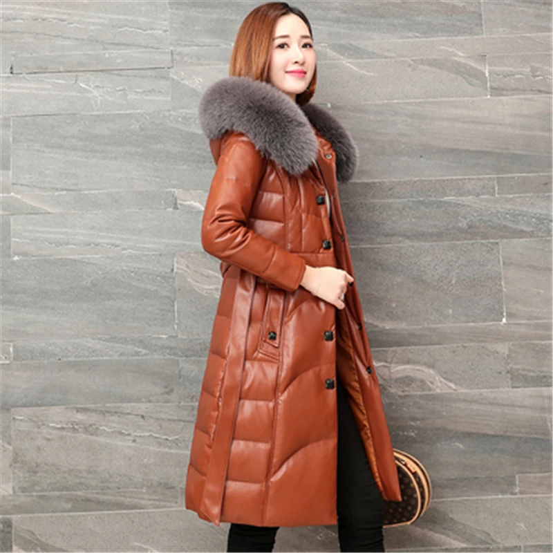 New Women's Fox Fur Collar Down Coats High Quality Winter Elegant Ladies Leather Coats Sheepskin Female Long Coats Overcoat N323 enlarge