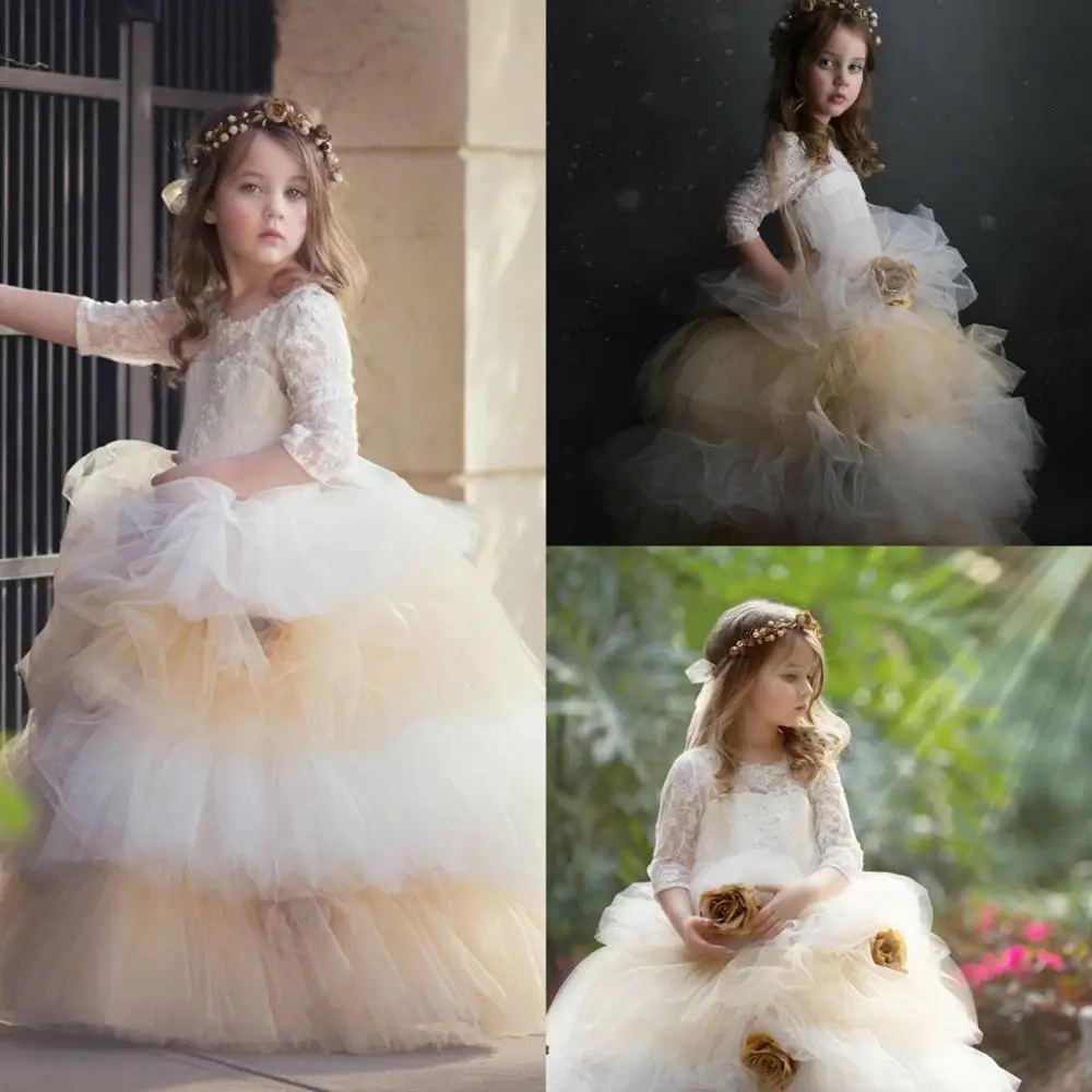 

2021 Hot Selling Flower Girls Dresses Half Sleeve Lace Tiered Ruffles Kids Formal Dress Hand Made Flowers Ball Gown Birthday