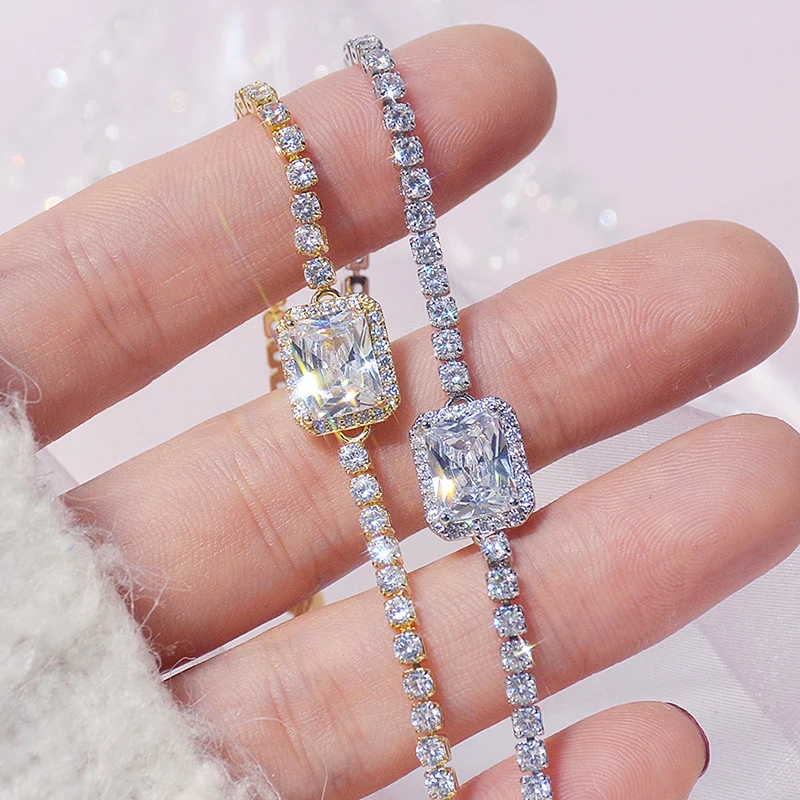 

Vintage Exquisite 14k Real Gold Simple Square Charm Bracelet for Women Jewelry Inlaid High Grade AAA Zirconia Party INS Hot Gift