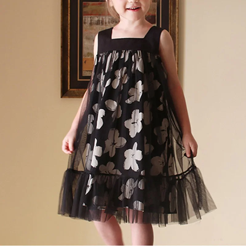 

Girls Summer Dress 2021 New Fashion Style Sleeveless Clothes Girls Printing Design Dress Patchwork Lace Children Flora Sundress