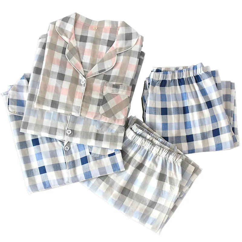 Simple Style Men And Women Plaid Homewear Lovers Full Sleeve Pajamas Set Coup;es Comfort Gauze Cotton Sleepwear Set For Spring