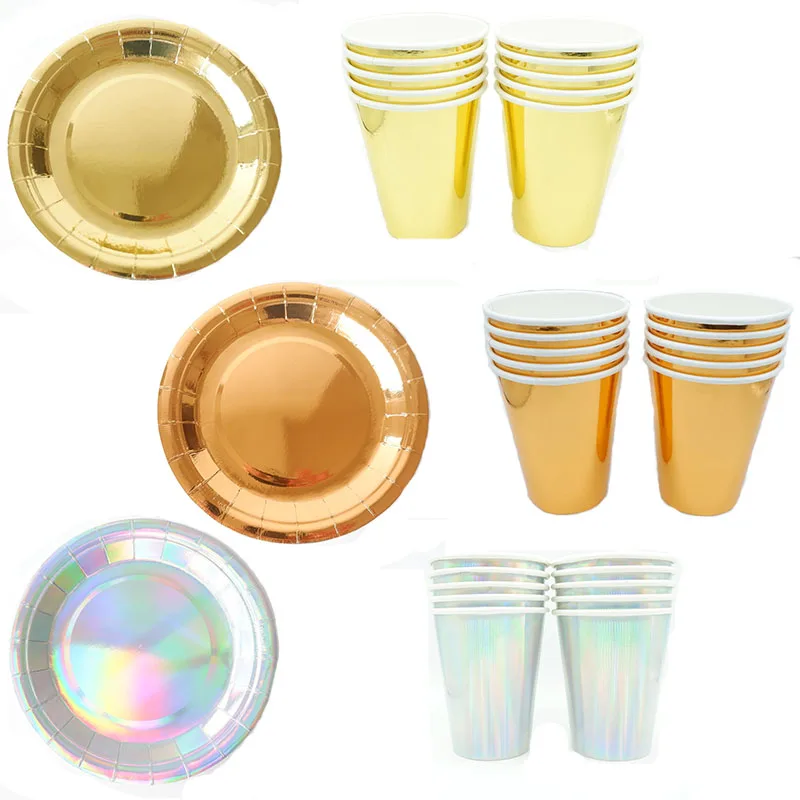 

10Pcs/Set Gold Paper Disposable Tableware Christmas Birthday Party Paper Plates Cups Carnival Party Supplies Plastic Straws