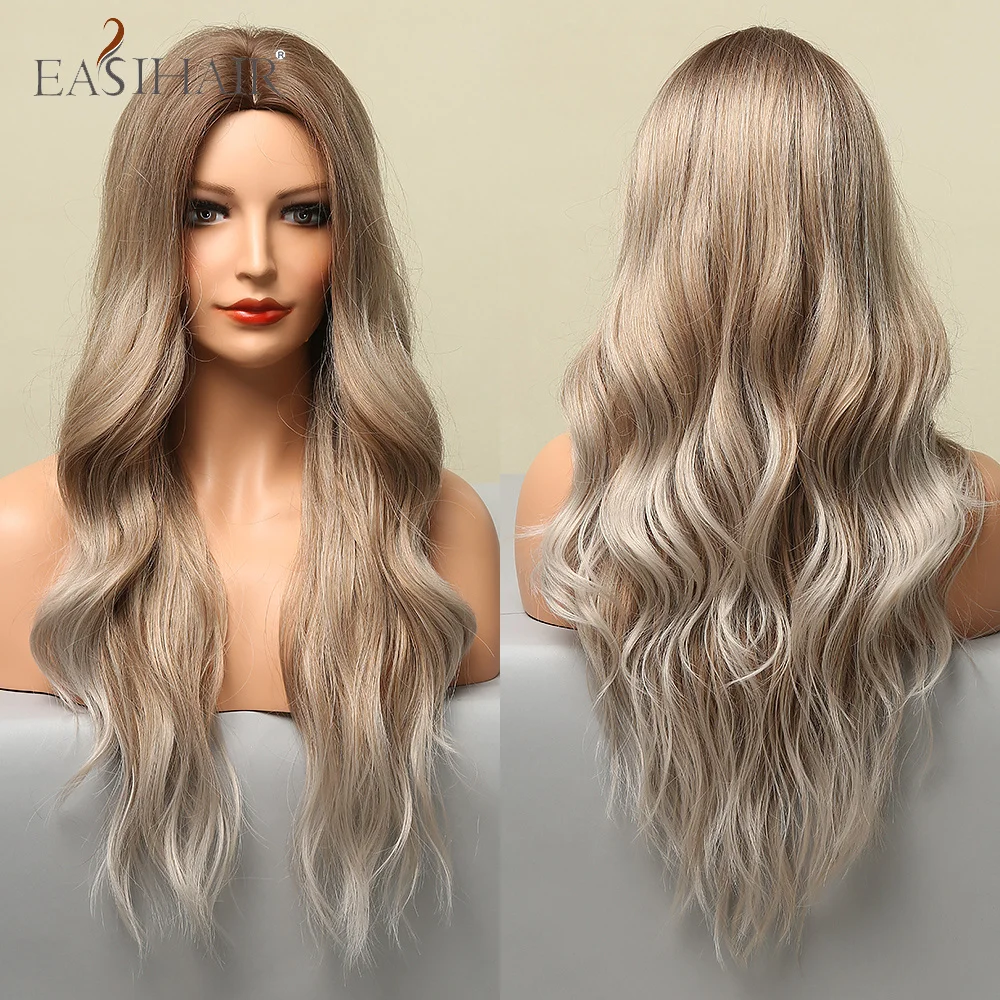 

EASIHAIR Long Wave Synthetic Women's Wigs for Women Ombre Brown Ash Blonde Middle Part Party Daily Heat Resistant Faker Hair