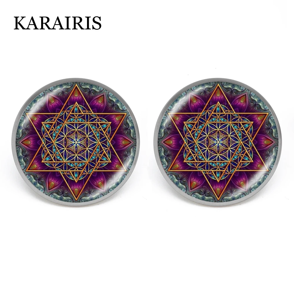 

KARAIRIS 2020 New Flower Of Life Mandala Earrings Henna Round Glass Stud Earings For Women Buddhism Zen Retro Fashion Jewelry