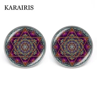 karairis 2020 new flower of life mandala earrings henna round glass stud earings for women buddhism zen retro fashion jewelry