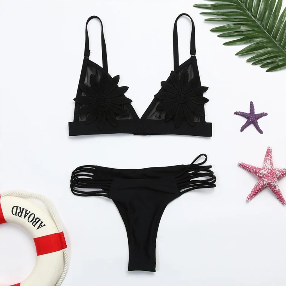 2019 сексуальный белый сетчатый вышитый цветок набор микро-бикини купальный