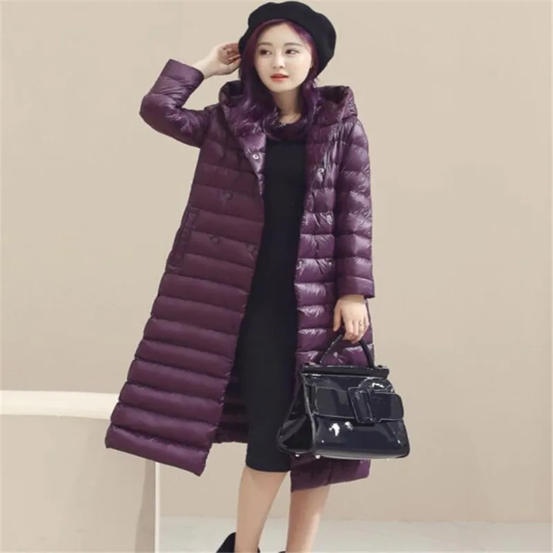 

Autumn Winter Women Duck Downs Jacket Parkas Sashes Long Down Coat Ladies Ultra Light Outerwear Hooded Coats Plus Size